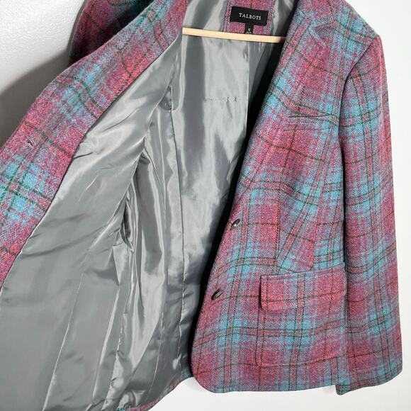 Talbots Womens Wool Blazer Jacket 12 Pink Blue Plaid Button Front Pockets Office - Picture 3 of 11